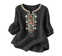 TURWXGSO Leinenbluse Damen Musselin Bluse Sommer V Ausschnitt Stickerei Bluse 3/4 Ärmel Bohemian Herbst Tunika Bestickte Folklore Blusen Hippie Blumenmuster Oberteil Lose Tops