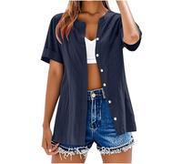 TURWXGSO Leinenoberteile für Damen Sommer Baggy Kurzarm Sommerbluse Button Down Hemden mit V-Ausschnitt Einfarbige Roll Up Ärmel Shirts Lose Bequeme, Leichte, Elegante Freizeitblusen