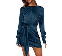 TURWXGSO Partykleid Damen Retro Satin Langarm Vintage Kleid Rundkragen Hohe Taille Vorne Twist Plissee Einfarbig Minikleid Elegant Freizeitkleid Sommerkleid Tunika Kurz Shortkleid