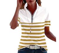 TURWXGSO Tops für Damen Sommer Kurzarm Streifenmuster Reverskragen Lockere Damenbluse mit 1/4 Reißverschluss Modischer Print Poloshirt Bequeme T-Shirts für Alltag Sport und Freizeit
