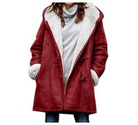 TURWXGSO Winterjacke Damen Warm Gefütterte Kapuzenjacke Retro Hornschnalle Tasche Eleganter Herbst Wintermantel Mittellang Fleece Mantel Freizeit Outwear große Größe (EU Größe 34-48)