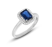 Tuscany Silver Damen-Ring, Sterlingsilber, rhodiniert, 5 x 7 mm, Prinzessin, synthetischer blauer Stein und weißer 1 mm Zirkoniastein, Sterling Silber, Kein Edelstein