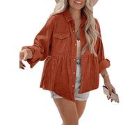 Tutorutor Damen Cord-Shirt, lässig, langärmelig, Knopfleiste, Tunika, Babydoll-Kleid, lockere Tasche, Jacke, Shackets, Braun, Klein