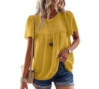 TUUHAW Bluse Damen Sommer Boho Top Kurzarm Oberteile Spitze Fließend Elegant Rundhals T Shirt Tunika Paspel Süß Lässig Outfits Volant Frühling Spitze Herbst Kleidung Gelb S