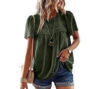 TUUHAW Bluse Damen Sommer Boho Top Kurzarm Oberteile Spitze Fließend Elegant Rundhals T Shirt Tunika Paspel Süß Lässig Outfits Volant Frühling Spitze Herbst Kleidung Grün L