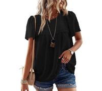 TUUHAW Bluse Damen Sommer Boho Top Kurzarm Oberteile Spitze Fließend Elegant Rundhals T Shirt Tunika Paspel Süß Lässig Outfits Volant Frühling Spitze Herbst Kleidung Schwarz L