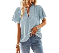 TUUHAW Bluse Damen Sommer Boho Top Kurzarm Oberteile Spitze Fließend Elegant V Ausschnitt T Shirt Tunika Paspel Süß Lässig Outfits Casual Volant Frühling Spitze Herbst Kleidung Grau Grün XS
