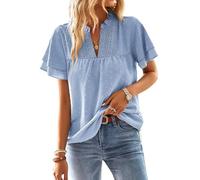 TUUHAW Bluse Damen Sommer Boho Top Kurzarm Oberteile Spitze Fließend Elegant V Ausschnitt T Shirt Tunika Paspel Süß Lässig Outfits Casual Volant Frühling Spitze Herbst Kleidung Blau XS