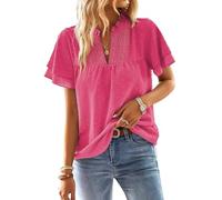 TUUHAW Bluse Damen Sommer Boho Top Kurzarm Oberteile Spitze Fließend Elegant V-Ausschnitt T Shirt Tunika Paspel Süß Lässig Outfits Volant Frühling Spitze Herbst Kleidung Knallrosa L