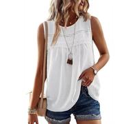 TUUHAW Bluse Damen Sommer Boho Vest Top Ärmellos Oberteile Fließend Elegant Rundhal Ausschnitt T Shirt Tunika Paspel Süß Lässig Outfits Volant Frühling Spitze Casual Tank Herbst Sexy Kleidung Weiß L