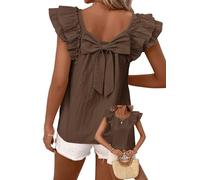TUUHAW Bluse Damen Sommer Kurzarm Oberteile Fließende Elegante Rundhals T-Shirt mit Schleife am Rücken Niedliche Tops Bequeme Blusen Rüschenhemd Frauen Braun XL