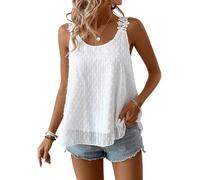 TUUHAW Cami Bluse Damen Sommer Boho Top Ärmellos Oberteile Spitze Fließend Elegant Rundhals Blumen Camisole Paspel Süß Lässig Tank Tops Volant Blumen Tunika Frühling Herbst Leibchen Weiß L
