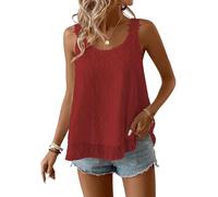 TUUHAW Cami Tunika Damen Sommer Boho Bluse Ärmellose Top Oberteile Fließend Spitze Blumen Rüschen Süß Elegant Rundhals T Shirt Lässig Outfits Frühling Spitze Herbst Kleidung Rot XL