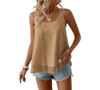 TUUHAW Cami Tunika Sommer Boho Bluse Ärmelloses Top Oberteile Fließend Spitze Rüschen Süß Elegant Rundhals Tank Top Damen Baumwolle Lässig Blumen Outfits Frühling Spitze Herbst Kleidung Hellbraun XL