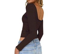TUUHAW Damen Langarmshirt Rückenfreies Oberteil Gestreiftes Slim Fit Enge Casual Basic Top U-Boot Ausschnitt Große Größen Herbst Elegant Shirts Stretch Ringelshirt Saphirblau Camel Trendiges Tops XXL