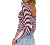 TUUHAW Damen Langarmshirt Rückenfreies Oberteil Gestreiftes Slim Fit Enge Casual Basic Top U-Boot Ausschnitt Longsleeve Herbst Elegant Shirts Stretch Ringelshirt Rot Weiss Trendiges Tops S