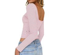 TUUHAW Damen Langarmshirts U-Boot Ausschnitt Rückenfreies Oberteile Schmal Geschnitten T-Shirts Herbst Y2K Casual Shirt Langarm Leichtes Basic Crop Tops Longsleeve T Shirts Pullover Rosa Weiss M