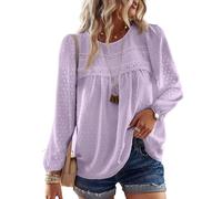 TUUHAW Langarmshirt Damen Boho Elegant Top Oberteile Fließend Frühling Herbst Tunika Rundhals T Shirt Süß Lässig Outfits Spitze Winter Kleidung Violett M