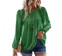 TUUHAW Langarmshirt Damen Boho Herbst Bluse Top Oberteile Fließend Spitze Rüschen Süß Elegant Rundhals Longsleeve T Shirt Frühling Lässig Outfits Kleidung Winter Longshirt Keli-Grün XL