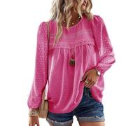 TUUHAW Langarmshirt Damen Boho Herbst Bluse Top Oberteile Fließend Spitze Süß Elegant Rundhals Longsleeve T Shirt Frühling Lässig Outfits Kleidung Winter Longshirt Knallrosa S
