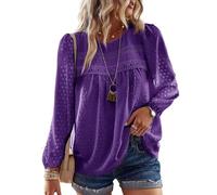 TUUHAW Langarmshirt Damen Boho Herbst Bluse Top Oberteile Fließend Spitze Süß Elegant Rundhals Longsleeve T Shirt Frühling Lässig Outfits Kleidung Winter Longshirt Dunkelviolett XL