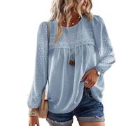 TUUHAW Langarmshirt Damen Boho Herbst Bluse Top Oberteile Fließend Spitze Süß Elegant Rundhals Longsleeve T Shirt Frühling Lässig Outfits Kleidung Winter Longshirt Blau XL