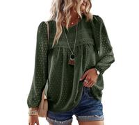 TUUHAW Langarmshirt Damen Boho Herbst Bluse Top Oberteile Fließend Spitze Süß Elegant Rundhals Longsleeve T Shirt Frühling Lässig Outfits Kleidung Winter Longshirt Grün S