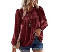 TUUHAW Langarmshirt Damen Boho Herbst Bluse Top Oberteile Fließend Spitze Süß Elegant Rundhals Longsleeve T Shirt Frühling Lässig Outfits Kleidung Winter Longshirt Burgunder S