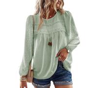 TUUHAW Langarmshirt Damen Boho Herbst Bluse Top Oberteile Fließend Spitze Süß Elegant Winter Rundhals Longsleeve T Shirt Frühling Lässig Outfits Kleidung Longshirt Mintgrün XL