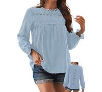 TUUHAW Langarmshirt Damen Boho Herbst Bluse Top Rundhals Fließend Spitze Oberteile Rüschen Süß Elegant Longshirt Longsleeve T Shirt Frühling Lässig Kleidung Sexy Schweizer Punkte Outfits Hellblau XL
