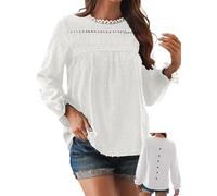 TUUHAW Langarmshirt Damen Boho Herbst Bluse Top Rundhals Fließend Spitze Oberteile Rüschen Süß Elegant Longshirt Longsleeve T Shirt Frühling Lässig Kleidung Sexy Lose Business Outfits Weiß S