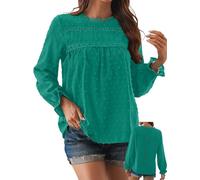 TUUHAW Langarmshirt Damen Boho Herbst Bluse Top Rundhals Fließend Spitze Oberteile Rüschen Süß Elegant Longshirt Longsleeve T Shirt Frühling Lässig Kleidung Sexy Winter Modische Basic Outfits Türkis S