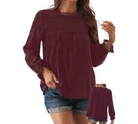 TUUHAW Langarmshirt Damen Boho Herbst Bluse Top Rundhals Fließend Spitze Oberteile Rüschen Süß Elegant Longshirt Longsleeve T Shirt Frühling Lässig Kleidung Sexy Business Outfits Burgunder XL