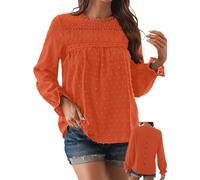 TUUHAW Langarmshirt Damen Boho Herbst Bluse Top Rundhals Fließend Spitze Oberteile Rüschen Süß Elegant Longshirt Longsleeve T Shirt Frühling Lässig Kleidung Sexy Winter Outfits Leuchtende Orange XL
