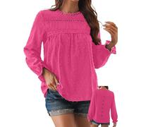 TUUHAW Langarmshirt Damen Boho Herbst Bluse Top Rundhals Fließend Spitze Oberteile Rüschen Süß Elegant Longshirt Longsleeve T Shirt Frühling Lässig Kleidung Sexy Winter Outfits Knallrosa XL