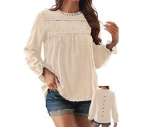 TUUHAW Langarmshirt Damen Boho Herbst Bluse Top Rundhals Fließend Spitze Oberteile Rüschen Süß Elegant Longshirt Longsleeve T Shirt Frühling Lässig Kleidung Sexy Schweizer Punkte Outfits Aprikose XL