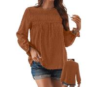 TUUHAW Langarmshirt Damen Boho Herbst Bluse Top Rundhals Fließend Spitze Oberteile Rüschen Süß Elegant Longshirt Longsleeve T Shirt Frühling Lässig Kleidung Sexy Winter Outfits Orange S