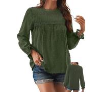 TUUHAW Langarmshirt Damen Boho Herbst Bluse Top Rundhals Fließend Spitze Oberteile Rüschen Süß Elegant Longshirt Longsleeve T Shirt Frühling Lässig Kleidung Sexy Winter Modische Basic Outfits Grün L