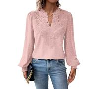 TUUHAW Langarmshirt Damen Boho Herbst Bluse Top V Ausschnitt Fließend Spitze Oberteile Rüschen Süß Elegant Longshirt Longsleeve T Shirt Frühling Lässig Kleidung Sexy Winter Outfits Hellrosa S