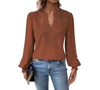 TUUHAW Langarmshirt Damen Boho Herbst Bluse Top V-Ausschnitt Fließend Spitze Oberteile Rüschen Süß Elegant Longshirt Longsleeve T Shirt Frühling Lässig Kleidung Sexy Winter Outfits Orange L