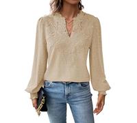 TUUHAW Langarmshirt Damen Boho Herbst Bluse Top V-Ausschnitt Fließend Spitze Oberteile Rüschen Süß Elegant Longshirt Longsleeve T Shirt Frühling Lässig Kleidung Sexy Winter Outfits Aprikose XS