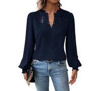 TUUHAW Langarmshirt Damen Boho Herbst Bluse Top V-Ausschnitt Fließend Spitze Oberteile Rüschen Süß Elegant Longshirt Longsleeve T Shirt Frühling Lässig Kleidung Sexy Winter Outfits Dunkelblau L