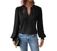 TUUHAW Langarmshirt Damen Boho Herbst Bluse Top V Ausschnitt Fließend Spitze Oberteile Rüschen Süß Elegant Longshirt Longsleeve T Shirt Frühling Lässig Kleidung Sexy Winter Outfits Schwarz XS