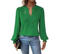 TUUHAW Langarmshirt Damen Boho Herbst Bluse Top V-Ausschnitt Fließend Spitze Oberteile Rüschen Süß Elegant Longshirt Longsleeve T Shirt Frühling Lässig Kleidung Sexy Winter Outfits Keli-Grün S