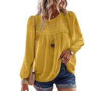 TUUHAW Langarmshirt Damen Boho Top Oberteile Fließend Elegant Frühling Herbst Tunika Rundhals T Shirt Süß Lässig Outfits Spitze Winter Kleidung Gelb M