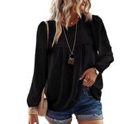 TUUHAW Langarmshirt Damen Boho Top Oberteile Fließend Elegant Frühling Herbst Tunika Rundhals T Shirt Süß Lässig Outfits Spitze Winter Kleidung Schwarz M