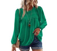TUUHAW Langarmshirt Damen Boho Top Oberteile Fließend Elegant Frühling Herbst Tunika Rundhals T Shirt Paspel Süß Lässig Outfits Volant Spitze Winter Kleidung Smaragdgrün M