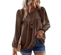 TUUHAW Langarmshirt Damen Boho Top Oberteile Fließend Elegant Frühling Herbst Tunika Rundhals T Shirt Süß Lässig Outfits Spitze Winter Kleidung Braun M