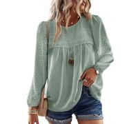 TUUHAW Langarmshirt Damen Boho Top Oberteile Fließend Elegant Frühling Herbst Tunika Rundhals T Shirt Süß Lässig Outfits Spitze Winter Kleidung Salbeigrün M