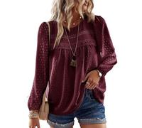 TUUHAW Langarmshirt Damen Boho Top Oberteile Fließend Elegant Frühling Herbst Tunika Rundhals T Shirt Süß Lässig Outfits Spitze Winter Kleidung Weinrot M